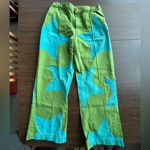 Big Bud Press western pants green with blue paint stamp stars - size large L
